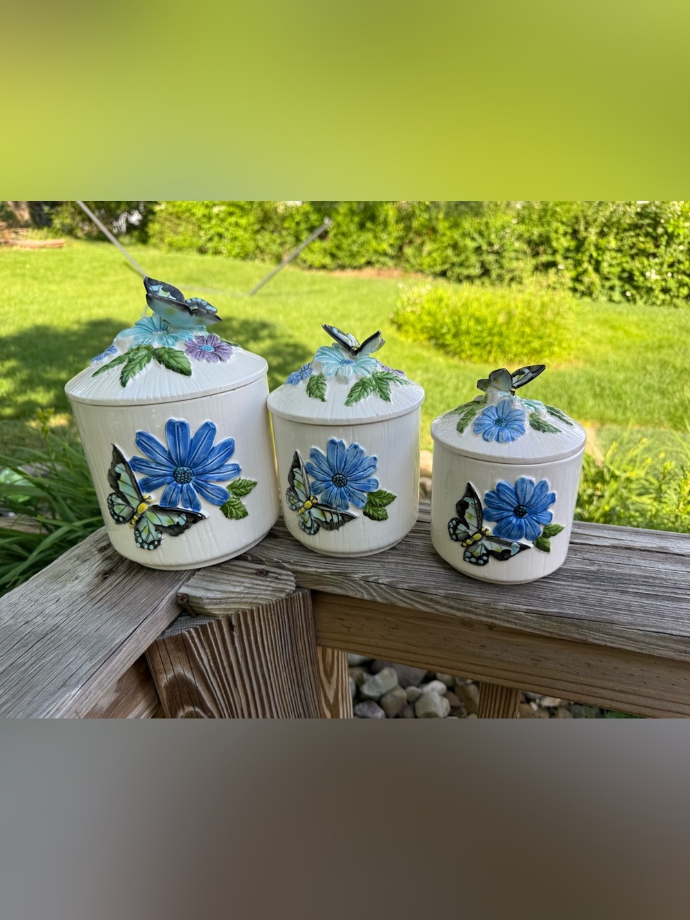 Hand-Painted Ceramic Canister Set with Blue Flowers & Butterflies sears vintage